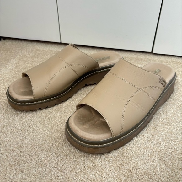Vintage Skechers Y2K Tan Leather Platform Sandals Slip On Open Toe Slides 11 41 - Picture 1 of 10